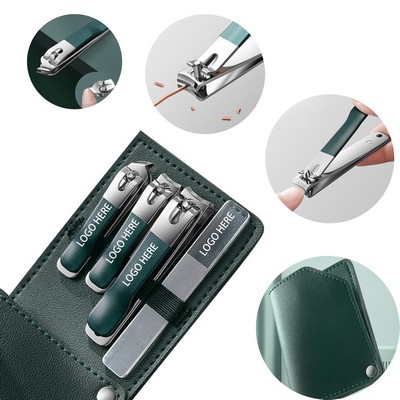 4-Piece Nail Clipper Kit Portable Leather Case Nanometer Nail File Care Set